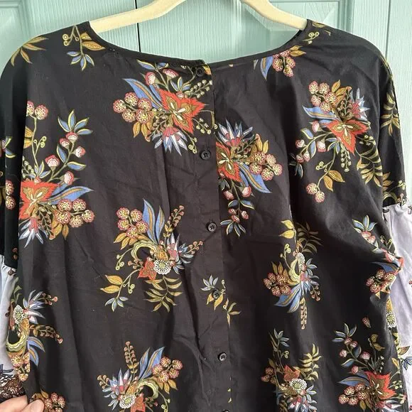 LOFT Womens Floral Puff Sleeve Blouse Large Button Back Cottagecore Black Blue - Picture 11 of 13
